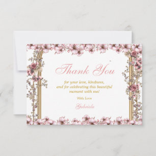Tarjeta De Agradecimiento Blush Rosa Tiara Floral Dorada Quinceañera