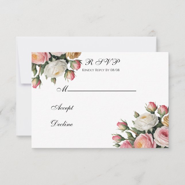 Tarjeta De Agradecimiento Blush, White Rose Floral Wedding RSVP Card (Anverso)