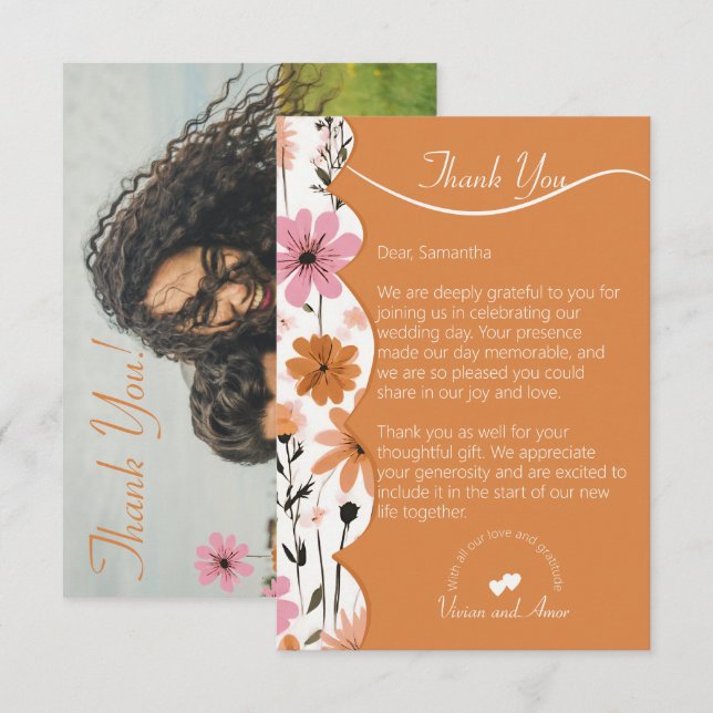 Tarjeta De Agradecimiento Boarder Floral y Boda de Naranja quemado (Anverso / Reverso)
