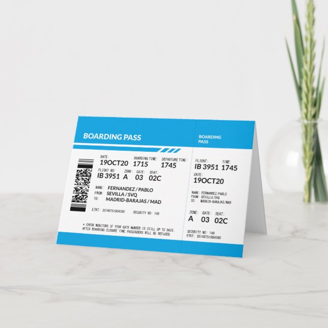 Tarjeta De Agradecimiento Boarding Pass (blue) (Anverso)