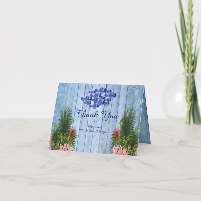 Tarjeta De Agradecimiento Bocinas de agua azul, flamencos rosados y peces (Anverso)