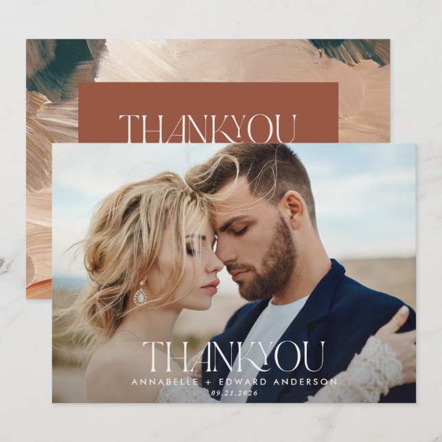 Tarjeta De Agradecimiento Boda 1 foto gracias terracota verde azulado pintad (Anverso / Reverso)