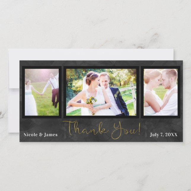 Tarjeta De Agradecimiento Boda 3 Foto Imagen Negro Oro Gracias (Anverso)