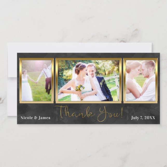 Tarjeta De Agradecimiento Boda 3 Foto Imagen Oro Negro Gracias (Anverso)