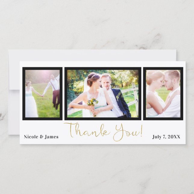 Tarjeta De Agradecimiento Boda 3 Foto Imagen Oro Negro Gracias (Anverso)