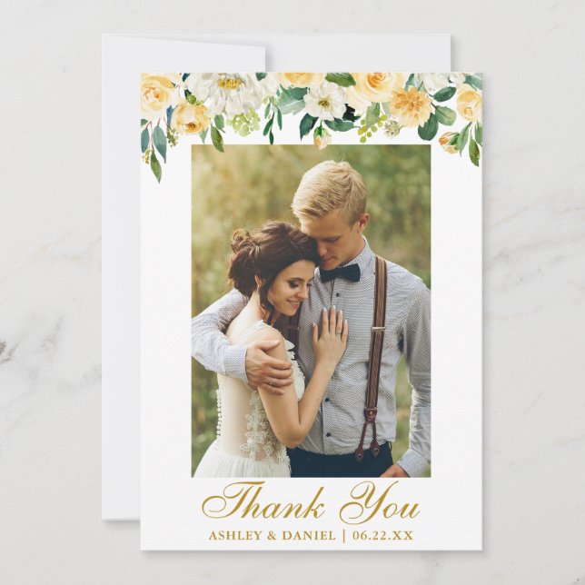 Tarjeta De Agradecimiento Boda acuarela amarillo floral foto dorada (Anverso)