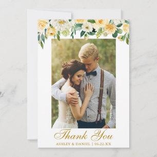 Tarjeta De Agradecimiento Boda acuarela amarillo floral foto dorada