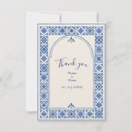 Tarjeta De Agradecimiento Boda acuarela con arco de azulejo azul mediterráne