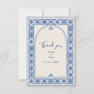 Tarjeta De Agradecimiento Boda acuarela con arco de azulejo azul mediterráne