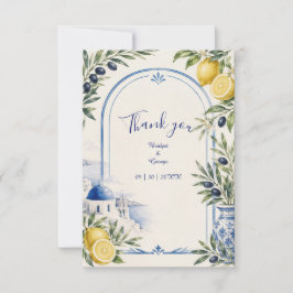 Tarjeta De Agradecimiento Boda acuarela de teja azul costera de Santorini