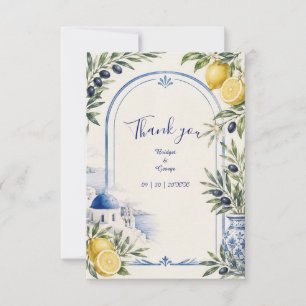 Tarjeta De Agradecimiento Boda acuarela de teja azul costera de Santorini