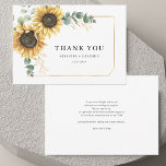 Tarjeta De Agradecimiento Boda acuarela Floral de girasol Eucalyptus<br><div class="desc">Para todos los que se presentaron para celebrar su día especial con usted, esta elegante tarjeta de agradecimiento floral geométrica botánica con girasoles y hojas de eucalipto, con marco geométrico dorado es perfecta cuando usted quiere dar las gracias. Cambie fácilmente los detalles en la parte delantera y el mensaje personalizado...</div>