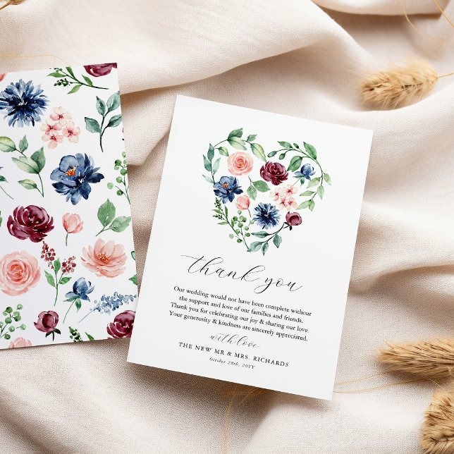 Tarjeta De Agradecimiento Boda acuarela floral del corazón (Subido por el creador)