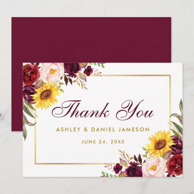 Tarjeta De Agradecimiento Boda acuarela mixta floral borgoña dorada (Anverso / Reverso)