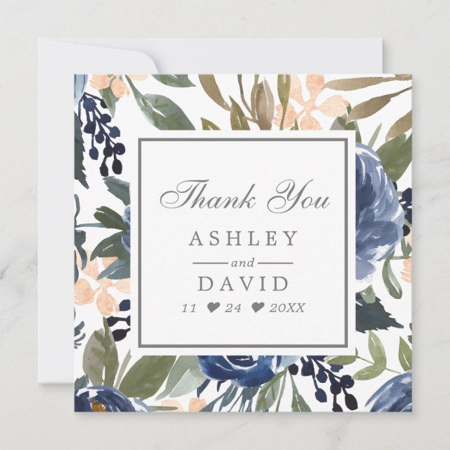 Tarjeta De Agradecimiento Boda acuarela patrón floral azul marino (Anverso)
