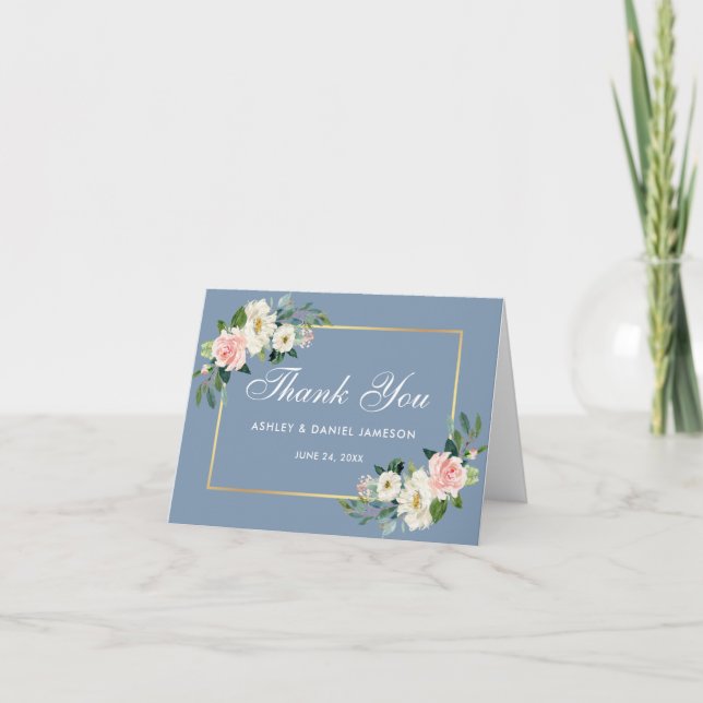 Tarjeta De Agradecimiento Boda acuarela rosa floral azul dorado (Anverso)