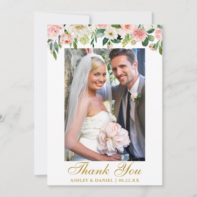 Tarjeta De Agradecimiento Boda acuarela rosa Rubor Photo Gold (Anverso)