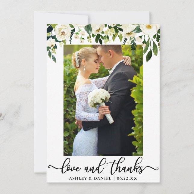 Tarjeta De Agradecimiento Boda acuarela Verde Floral blanca (Anverso)