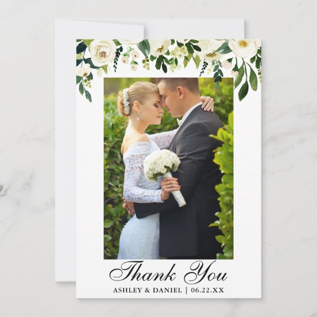 Tarjeta De Agradecimiento Boda acuarela Verde Floral blanca (Anverso)