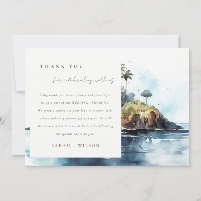 Tarjeta De Agradecimiento Boda acuático de la isla de la palmera del paisaje (Anverso)