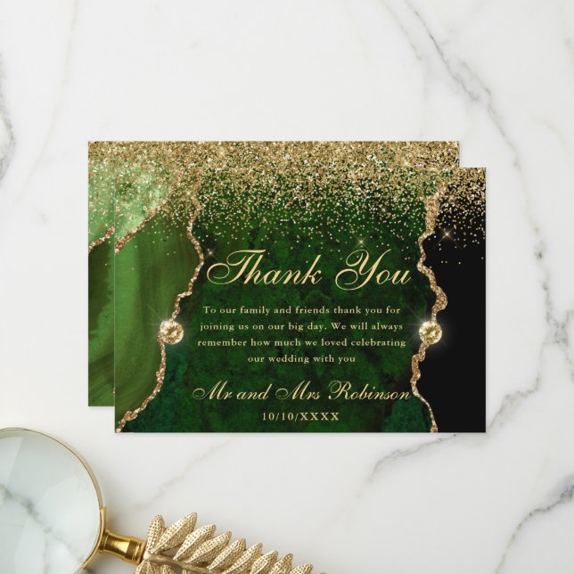 Tarjeta De Agradecimiento Boda Ágata Brillo Oro Verde (Anverso/Reverso In Situ)