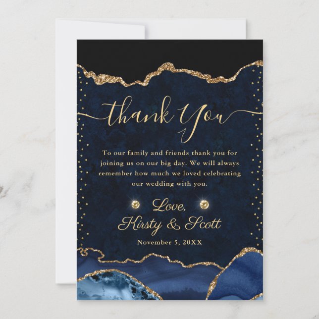 Tarjeta De Agradecimiento Boda Agate Purpurina de imitación azul y oro (Anverso)