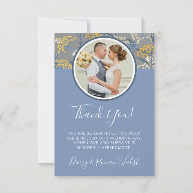 Tarjeta De Agradecimiento Boda amarillo anaranjado y azul marino (Anverso)