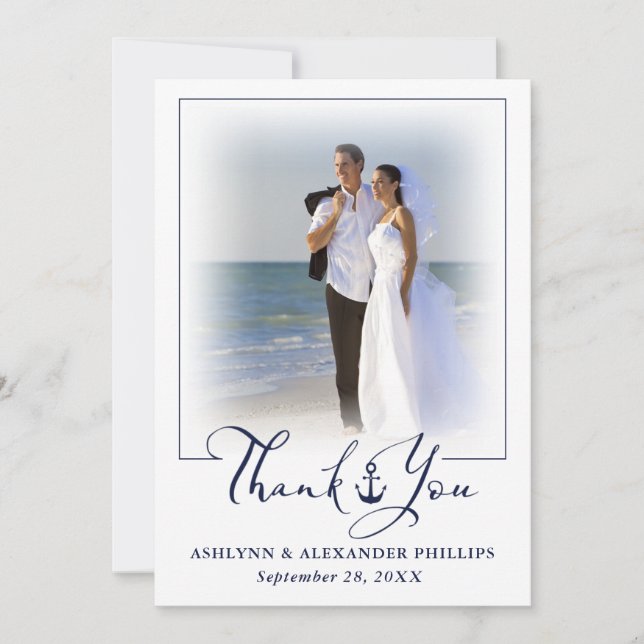 Tarjeta De Agradecimiento Boda Anclaje Náutico 2 Fotos Script Gracias (Anverso)