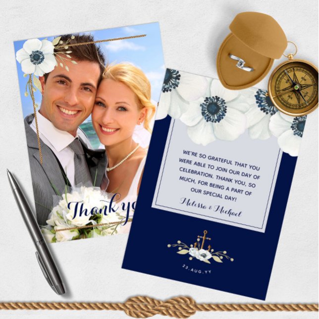 Tarjeta De Agradecimiento Boda Anemone Azul de la Marina Náutica. Gracias. (Nautical Navy Blue Anemone Wedding Photo Thank You 📷
)
