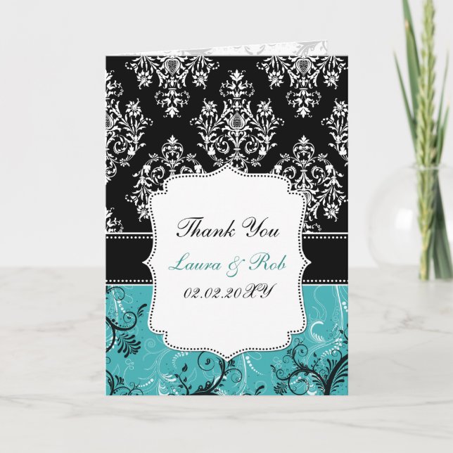 Tarjeta De Agradecimiento boda aqua damask Gracias (Anverso)