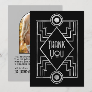 Tarjeta De Agradecimiento Boda Art Déco inspirada en Gatsby en negro y plata