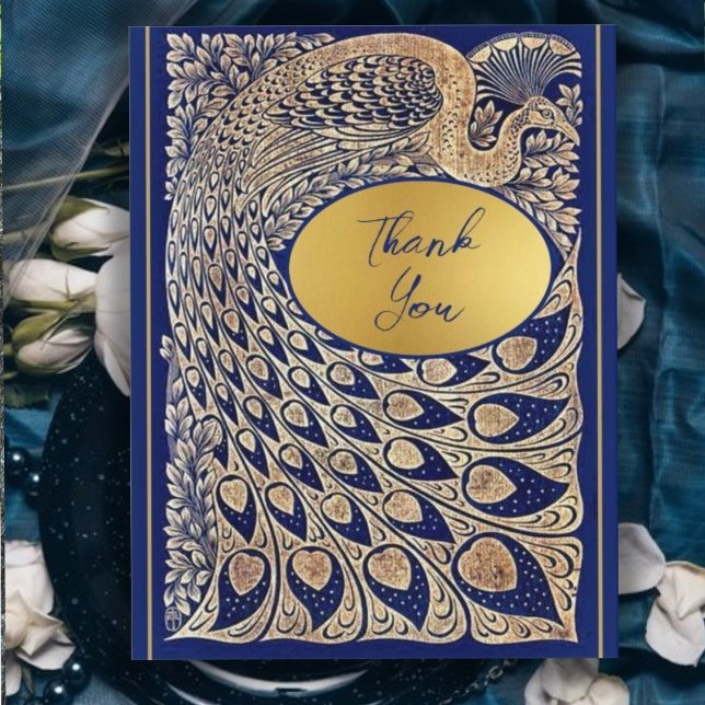 Tarjeta De Agradecimiento Boda Art Nouveau de Blue Gold Peacock (Subido por el creador)