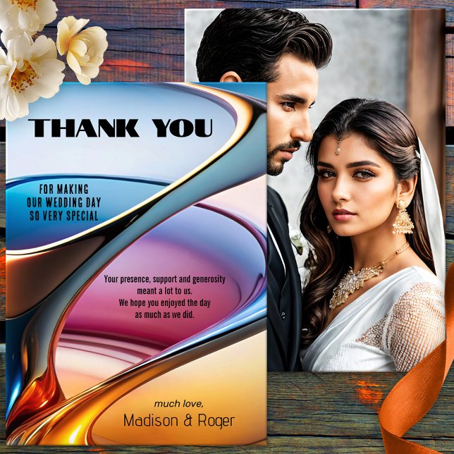Tarjeta De Agradecimiento Boda artístico de resumen moderno (A colorful modern abstract art wedding Thank You card with on the back your custom photo)