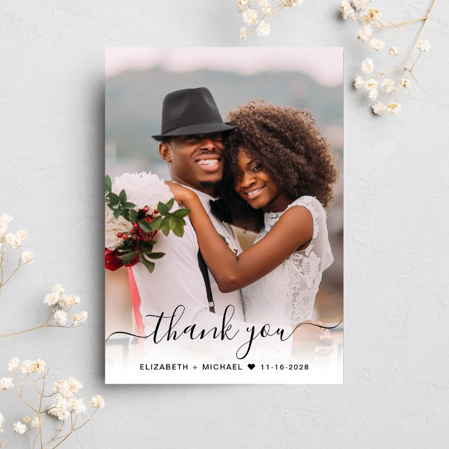 Tarjeta De Agradecimiento Boda azul agitado de sobreimpresión de foto manusc (Celebrate your love story with a thank you card showcasing your favorite wedding day photo)
