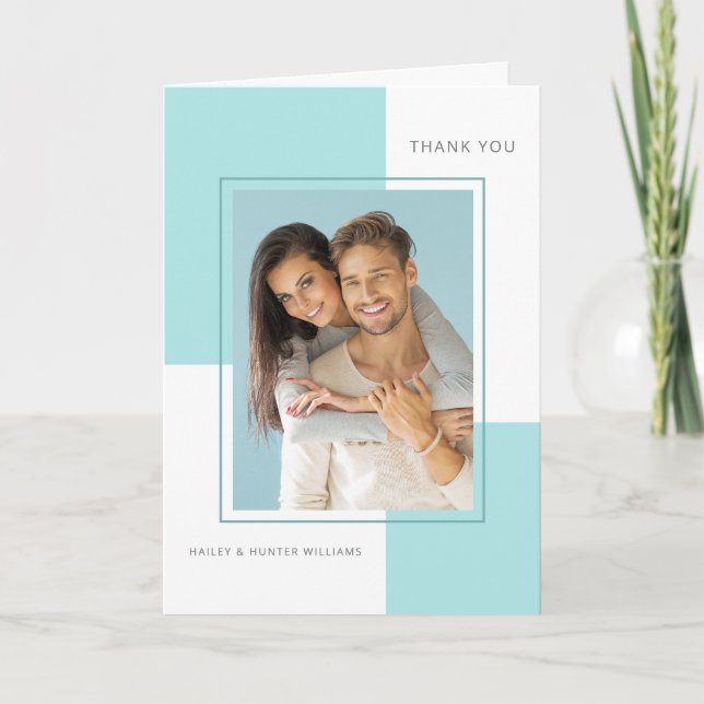 Tarjeta De Agradecimiento Boda azul claro gracias con foto (Anverso)