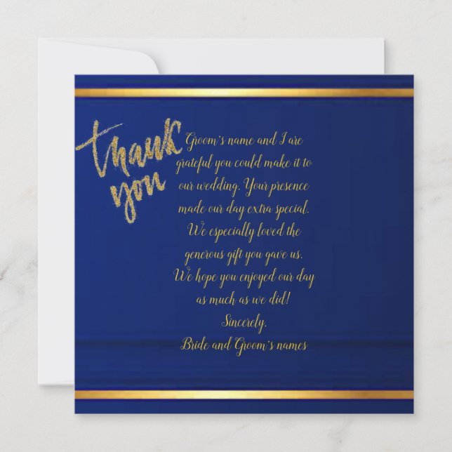 Tarjeta De Agradecimiento Boda Azul Cobalto Digno Gracias (Anverso)
