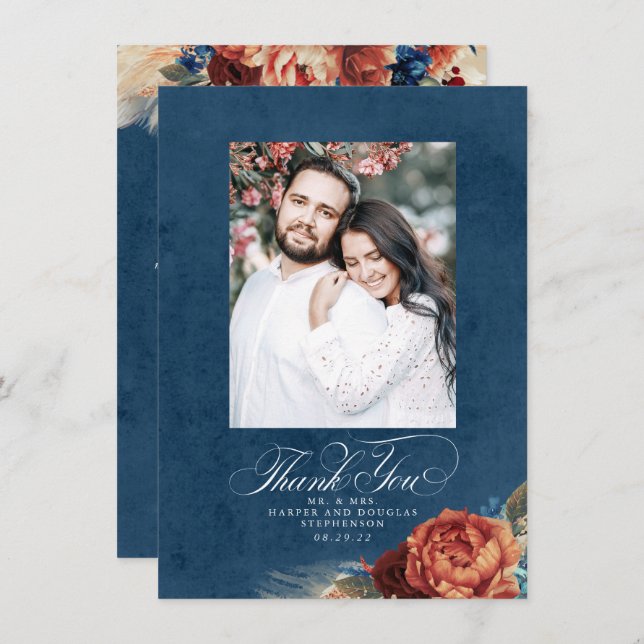 Tarjeta De Agradecimiento Boda Azul de la Marina de Terracota Gracias Foto (Anverso / Reverso)