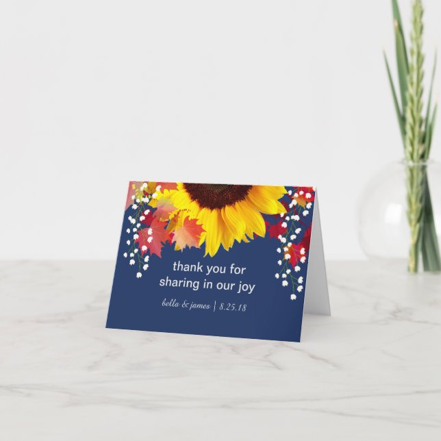 Tarjeta De Agradecimiento Boda Azul de la Marina del Girasol Gracias Cartas  (Anverso)