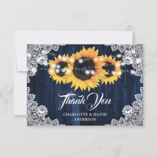 Tarjeta De Agradecimiento Boda azul de la Marina Rustic Sunflower Wood Lace