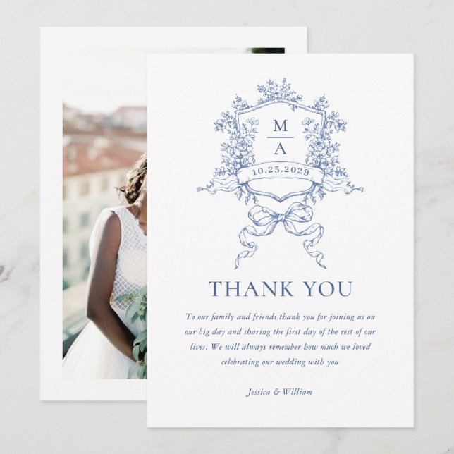 Tarjeta De Agradecimiento Boda azul fuerte de Ornate floral victoriano (Anverso / Reverso)