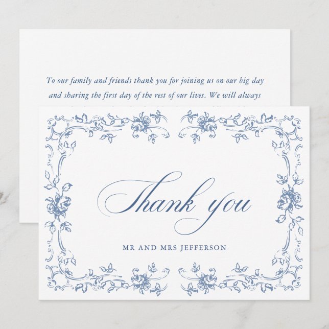 Tarjeta De Agradecimiento Boda azul húmedo del ornato floral del renacimient (Anverso / Reverso)