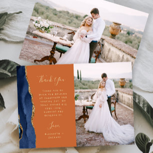 Tarjeta De Agradecimiento Boda Azul Marino Ágata Oro Script Óxido