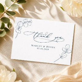 Tarjeta De Agradecimiento Boda Azul Marino de Eucalipto Moderno