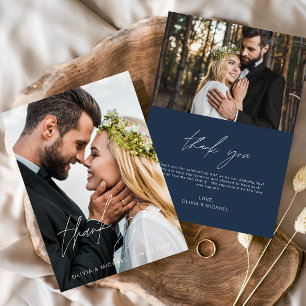 Tarjeta De Agradecimiento Boda azul marino manuscrito Gracias 2 fotos