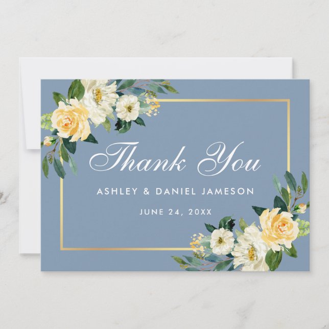 Tarjeta De Agradecimiento Boda azul oxidado con flor blanca amarilla (Anverso)