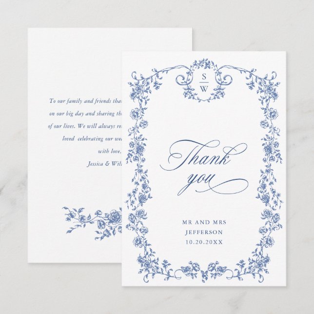 Tarjeta De Agradecimiento Boda azul oxidado y floral de Grace (Anverso / Reverso)