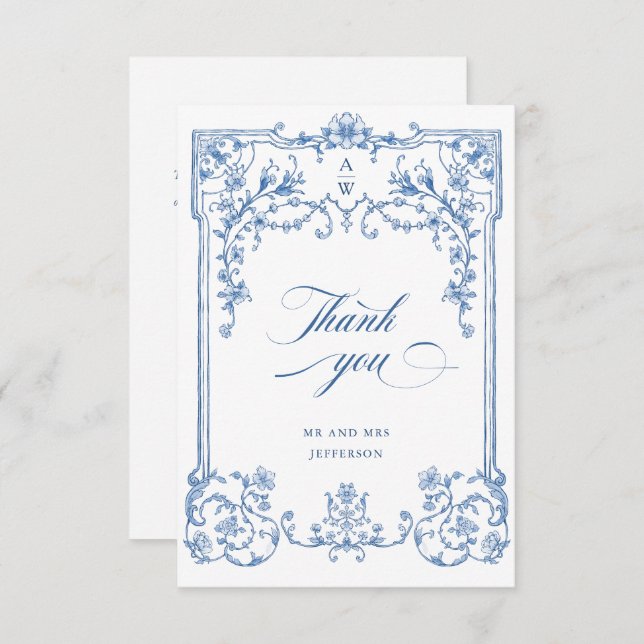 Tarjeta De Agradecimiento Boda azul oxidado y floral de Grace (Anverso / Reverso)