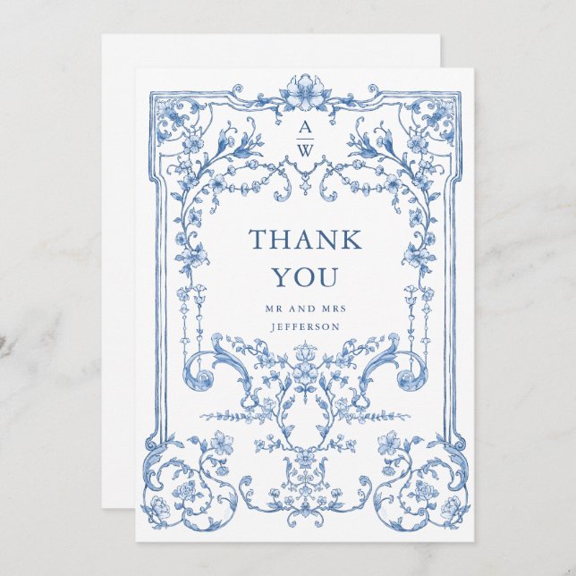 Tarjeta De Agradecimiento Boda azul oxidado y floral de Grace (Anverso / Reverso)