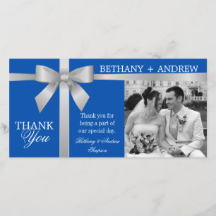 Tarjeta De Agradecimiento Boda azul real de cinta de plata