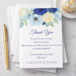 Tarjeta De Agradecimiento Boda Azul Real Flores de Acuarela Marfil